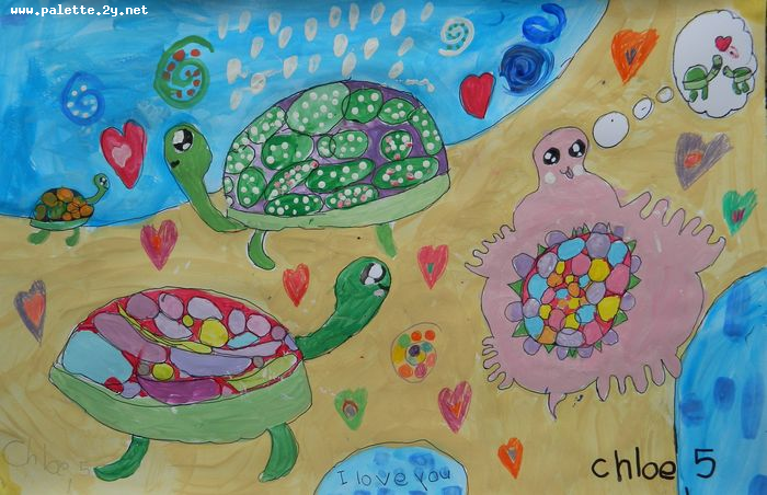 Art Studio PALETTE. Chloe Singchai Picture.  Marker, Tempera Animals Fish Turtles Are Resting