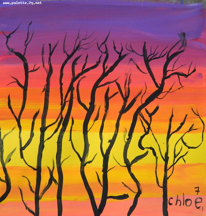 Art Studio PALETTE. Chloe Singchai Picture.  Tempera Landscape Trees 