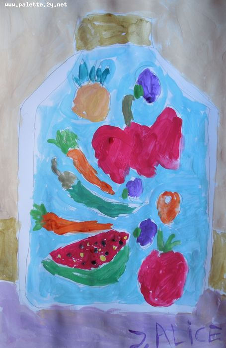 Art Studio PALETTE. Alice Gonopolsky Picture.  Tempera Still Life Fruits & Vegi 