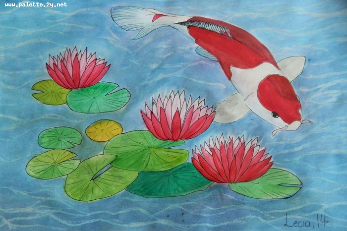 Art Studio PALETTE. Lecia Zhu Picture.  Watercolour, Ink Animals Fish Wandering Koi