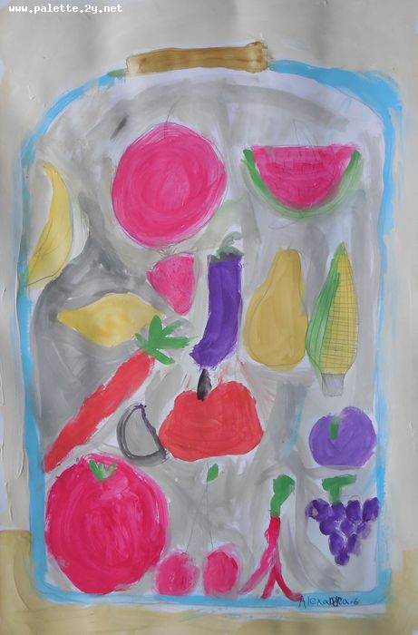 Art Studio PALETTE. Alexandra Trif Picture.  Tempera Still Life Fruits & Vegi 