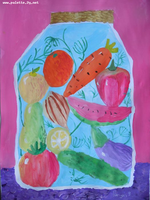 Art Studio PALETTE. Varya Pavlova Picture.  Tempera Still Life Fruits & Vegi 