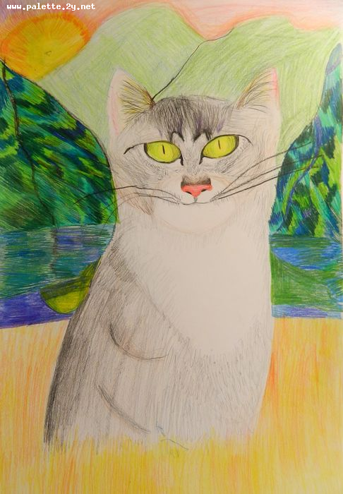 Art Studio PALETTE. Varya Pavlova Picture.  Coloured Pencil Animals Cats Mia