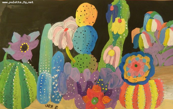 Art Studio PALETTE. Varya Pavlova Picture.  Tempera Plants Cacti 
