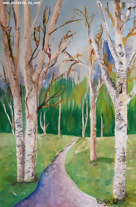 Art Studio PALETTE. Varya Pavlova Picture.  Tempera Landscape Trees 