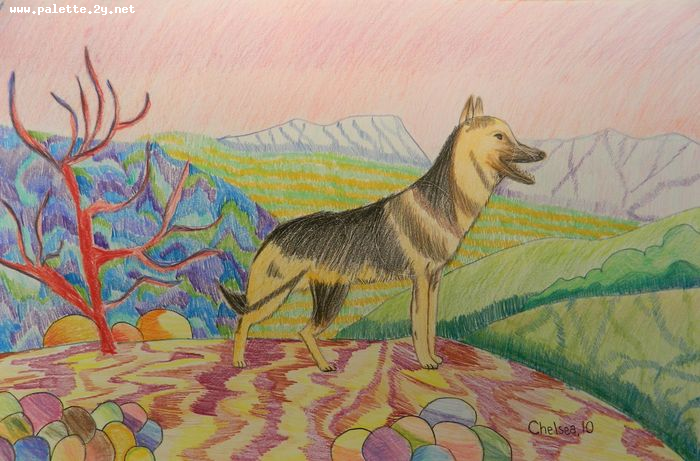 Art Studio PALETTE. Chelsea Hwang Picture.  Coloured Pencil Animals Mix Dog in Grassland