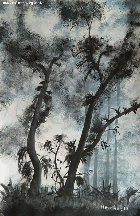 Art Studio PALETTE. Heather Zhang Picture.  Tempera Landscape Trees 