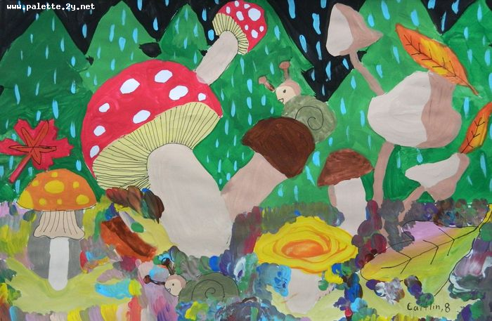 Art Studio PALETTE. Caitlin Wang Picture.  Tempera Plants Mushrooms 