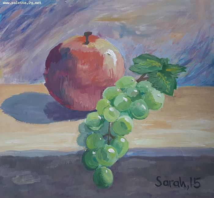 Art Studio PALETTE. Sarah Stroman-Bayat Picture.  Tempera Still Life Fruits & Vegi 