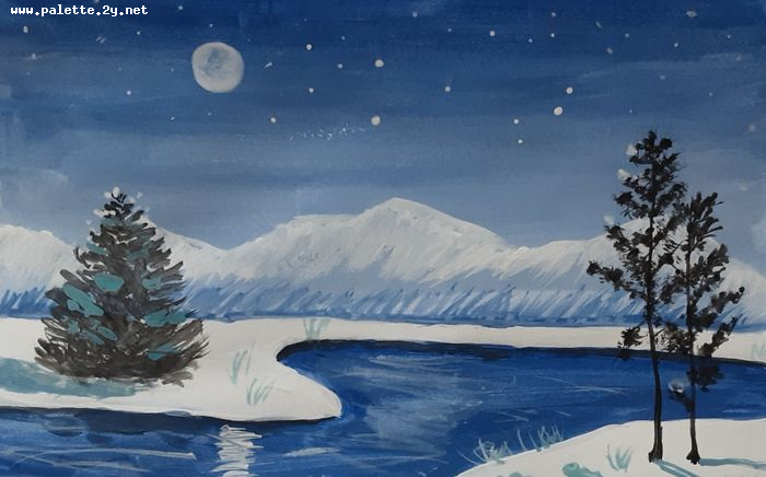 Art Studio PALETTE. Mia Guo Picture. Greeting Card Tempera Landscape Winter 