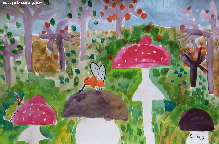 Art Studio PALETTE. Elin Musayeva Picture.  Tempera Plants Mushrooms 