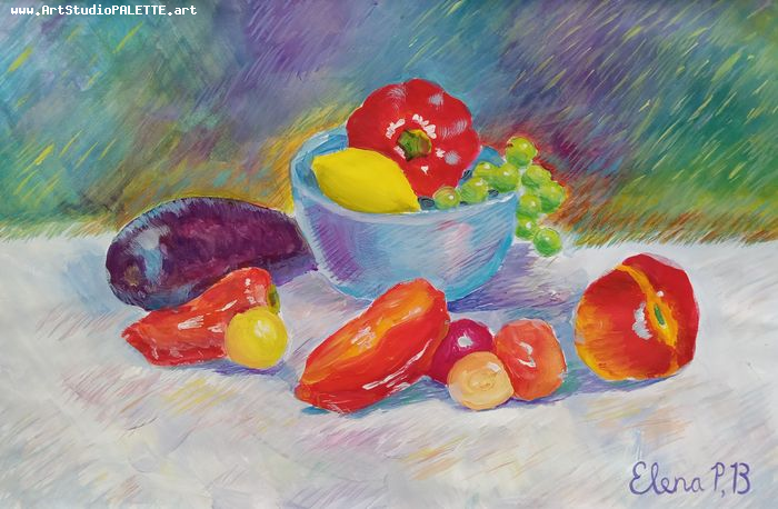 Art Studio PALETTE. Elena Pelex Picture.  Tempera Still Life Fruits & Vegi 