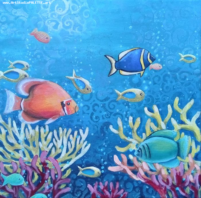 Art Studio PALETTE. Ana Lukashova Picture. Canvas Acrylic Animals Fish 