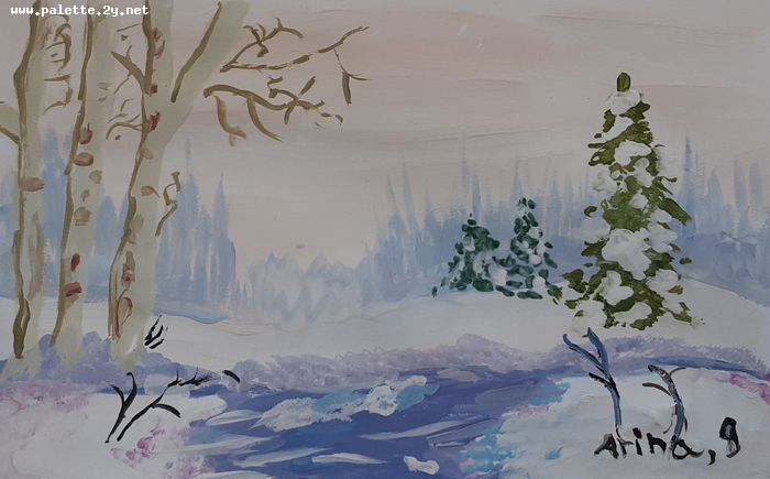 Art Studio PALETTE. Arina Bondarenko Picture.  Tempera Landscape Winter 