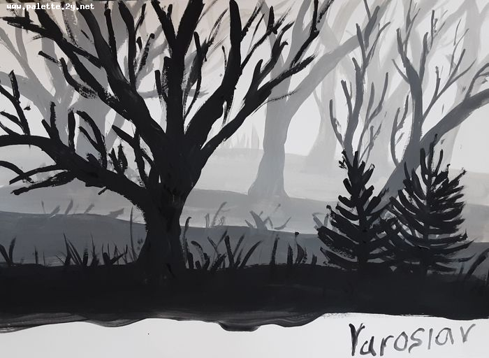 Art Studio PALETTE. Yaroslav Klishchuk Picture.  Tempera Landscape Trees 