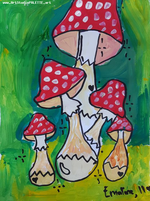 Art Studio PALETTE. Emaline Rae Oswell Picture.  Marker, Tempera Plants Mushrooms 