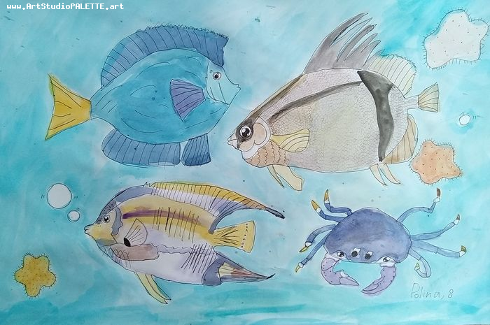 Art Studio PALETTE. Polina Karpushina Picture.  Watercolour, Ink Animals Fish 