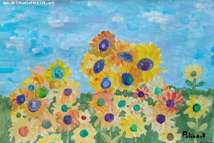 Art Studio PALETTE. Polina Karpushina Picture.  Tempera Plants Sunflowers 