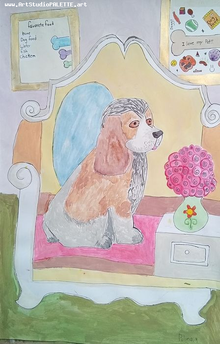 Art Studio PALETTE. Polina Karpushina Picture.  Watercolour, Ink Animals Dogs 