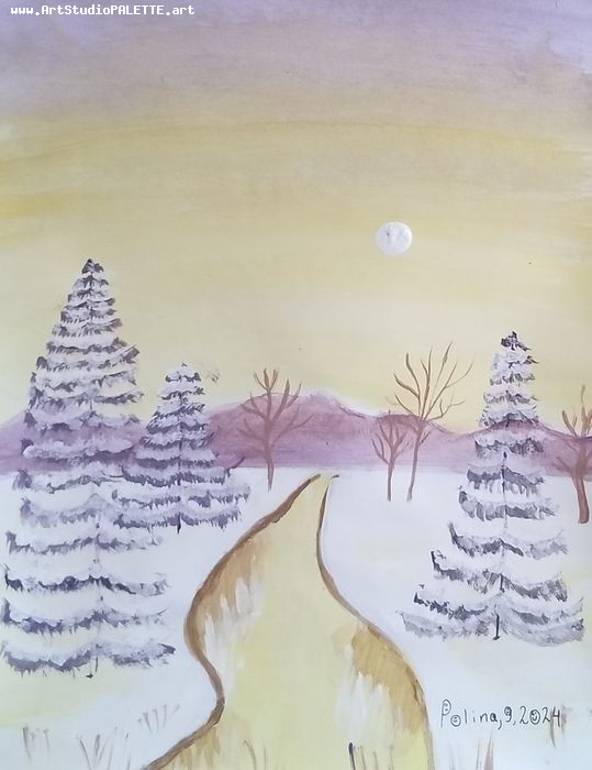 Art Studio PALETTE. Polina Karpushina Picture. Greeting Card Tempera Landscape Winter 