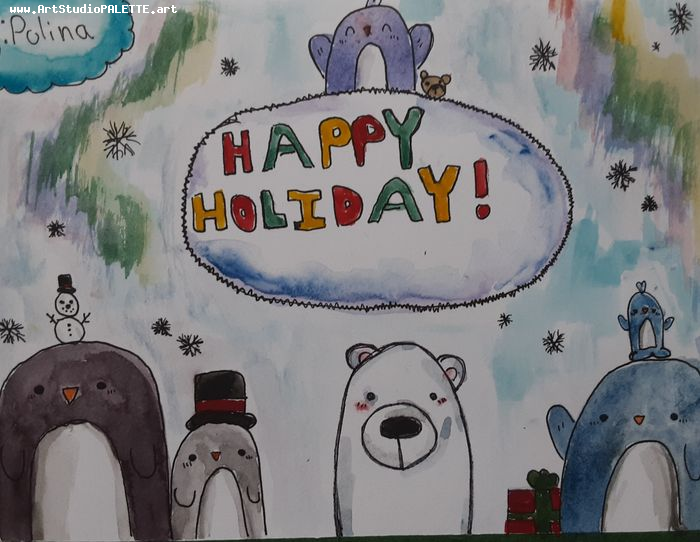 Art Studio PALETTE. Polina Karpushina Picture. Greeting Card Watercolour, Ink Holidays New Year 