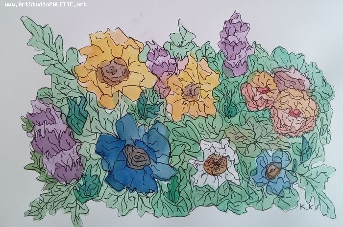 Art Studio PALETTE. Karina  Kostenko Picture. Greeting Card Watercolour, Ink Plants Flowers 