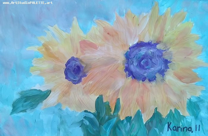 Art Studio PALETTE. Karina  Kostenko Picture.  Tempera Plants Sunflowers 