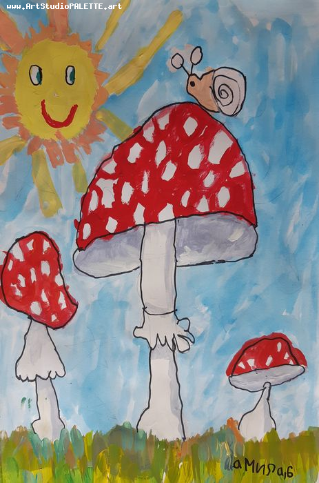 Art Studio PALETTE. Camila Guzhel Picture.  Marker, Tempera Plants Mushrooms 