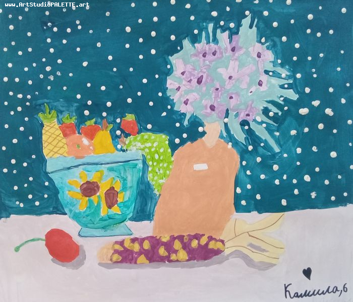 Art Studio PALETTE. Camila Guzhel Picture.  Tempera Still Life Fruits & Vegi 