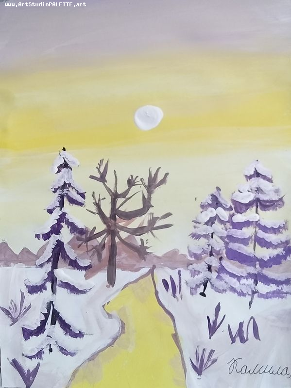 Art Studio PALETTE. Camila Guzhel Picture. Greeting Card Tempera Landscape Winter 