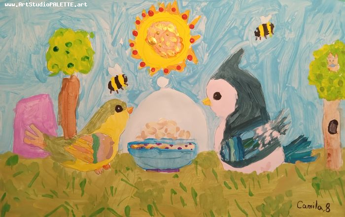 Art Studio PALETTE. Camila Guzhel Picture.  Tempera Animals Birds 
