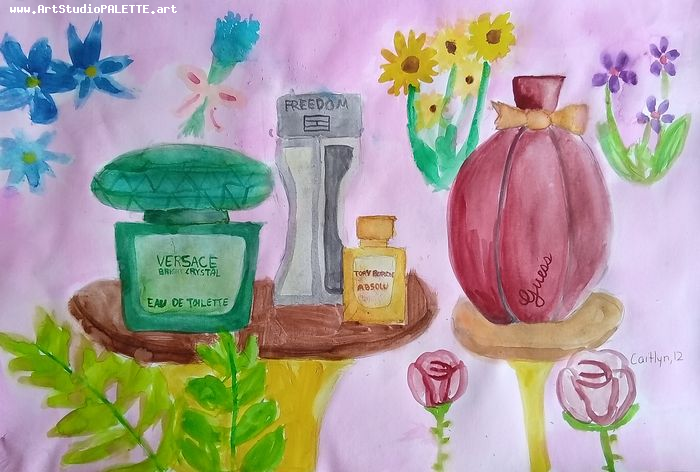 Art Studio PALETTE. Caitlyn Yu Picture.  Tempera Still Life Bottles 