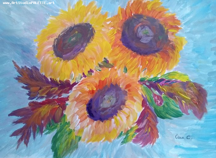 Art Studio PALETTE. O. C. Picture.  Tempera Plants Sunflowers 