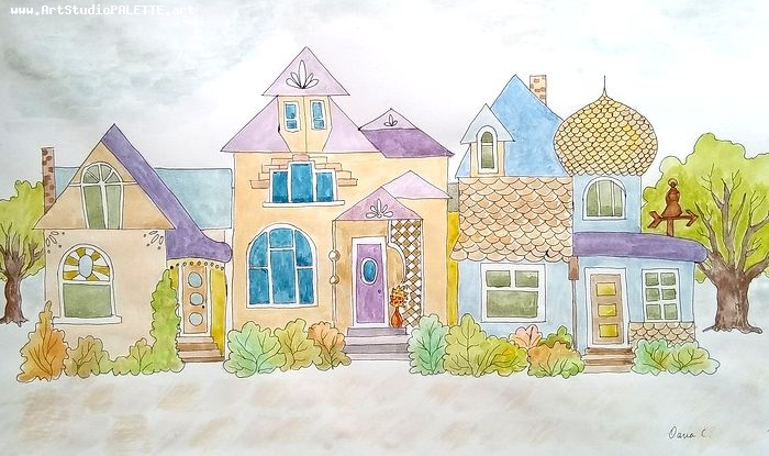 Art Studio PALETTE. O. C. Picture.  Watercolour, Ink Landscape Houses 