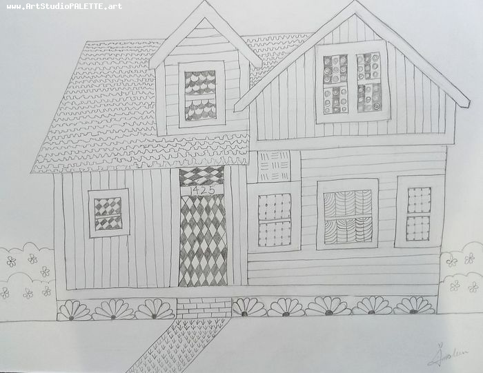 Art Studio PALETTE. Jasleen Kaur Picture.  Pencil Landscape Houses 