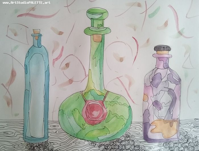 Art Studio PALETTE. May Xu Picture.  Watercolour, Ink Still Life Bottles 