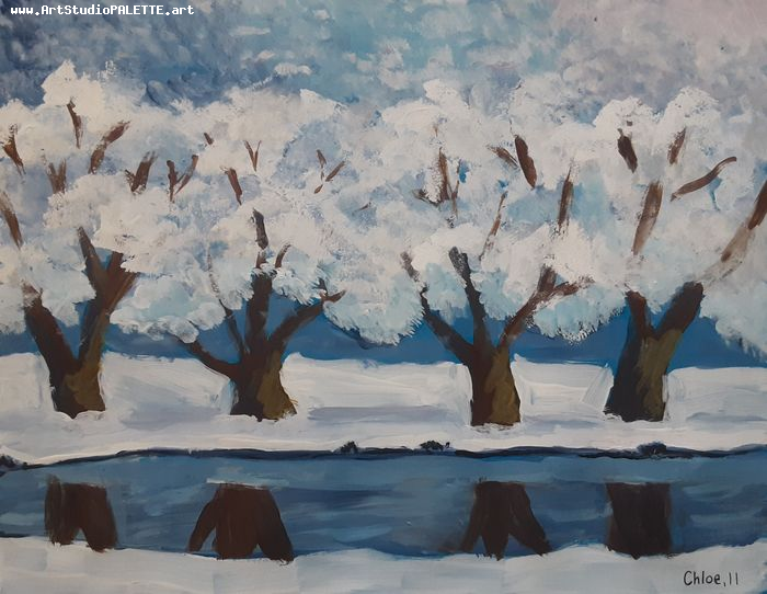 Art Studio PALETTE. Chloe Zhang Picture.  Tempera Landscape Winter 