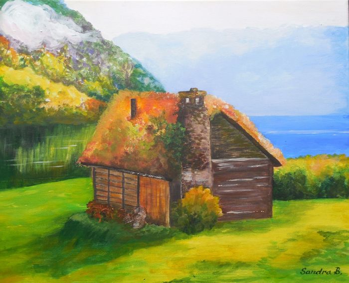 Art Studio PALETTE. Sandra Baraque Picture. Canvas Acrylic Landscape Houses 