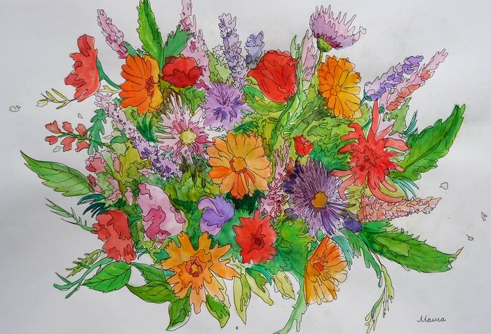 Art Studio PALETTE. Masha Pelekh Picture.  Watercolour, Ink Plants Flowers Праздничный Букет