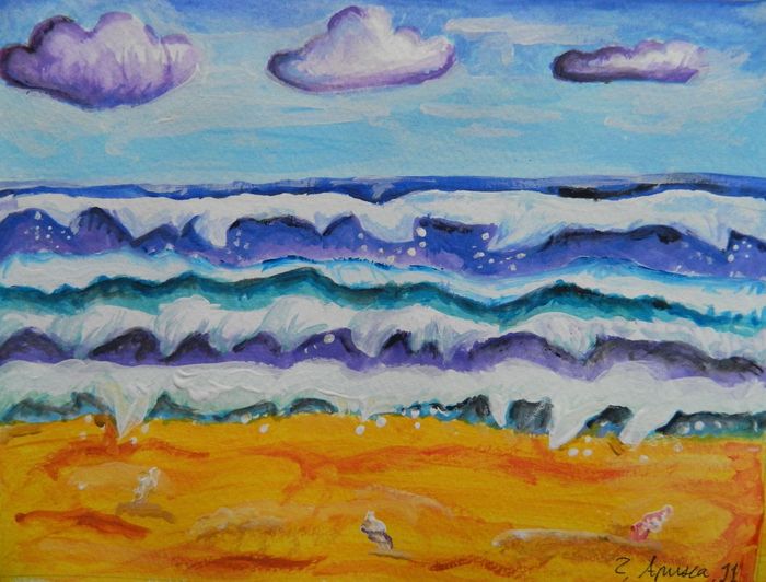 Art Studio PALETTE. Arina Guzhel Picture.  Tempera Landscape Seascape 