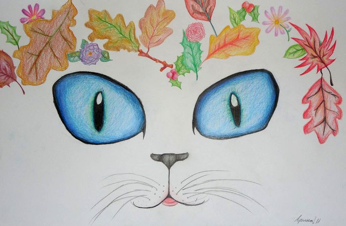 Art Studio PALETTE. Arina Guzhel Picture.  Coloured Pencil Animals Cats Seasonal Cat