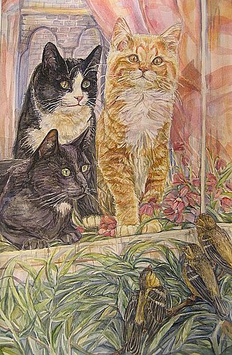 Art Studio PALETTE. Ksenia Kogevnikova Picture. Fine Art Paper Tempera Animals Cats Morning