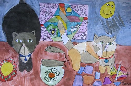 Art Studio PALETTE. Leena  Ballard Picture. Fine Art Paper Watercolour, Ink Animals Cats 