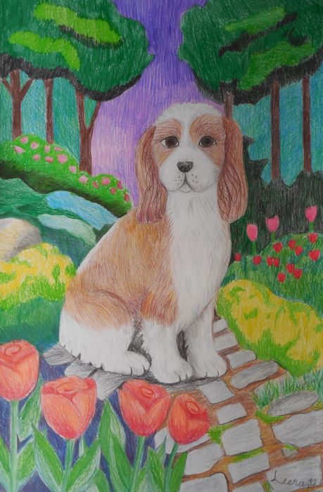 Art Studio PALETTE. Leena  Ballard Picture.  Coloured Pencil Animals Dogs 