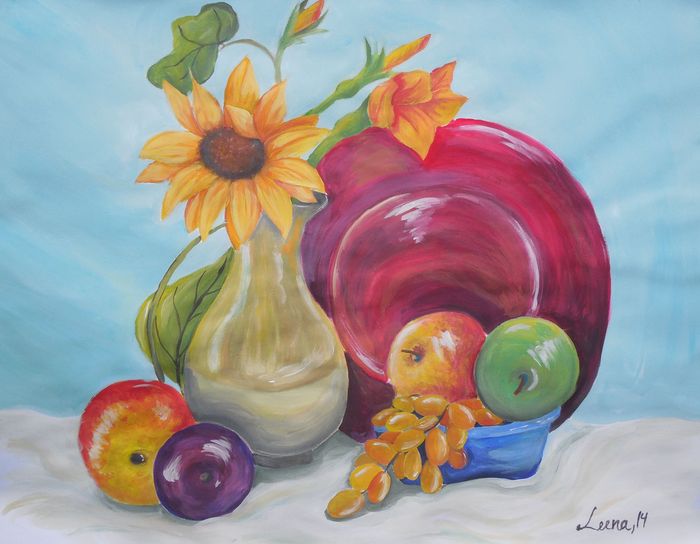 Art Studio PALETTE. Leena  Ballard Picture.  Tempera Still Life Still Life Fruits on a Table