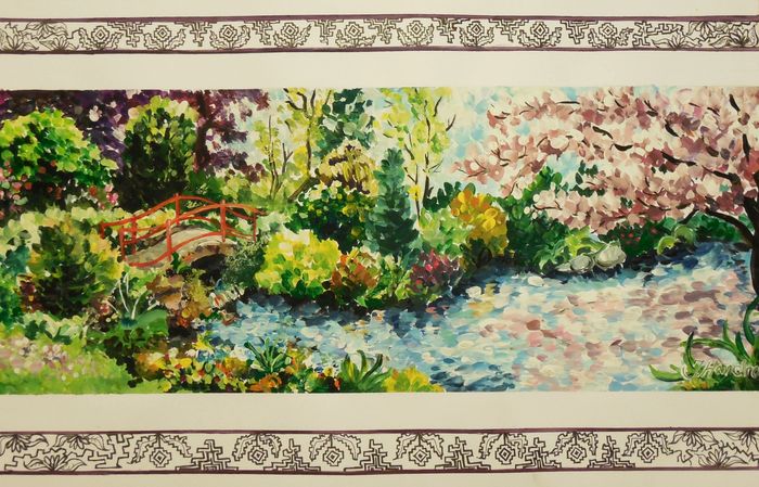 Art Studio PALETTE. Julia Handra Picture.  Tempera Landscape Spring Sprawled Petals