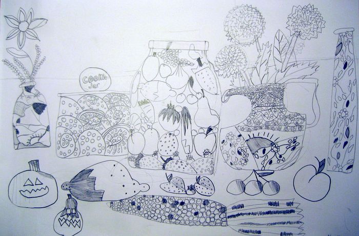 Art Studio PALETTE. Alyssa Lukose Picture.  Pencil Still Life Fruits & Vegi 