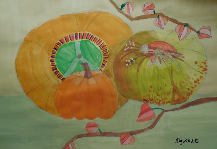 Art Studio PALETTE. Alyssa Lukose Picture.  Tempera Still Life Fruits & Vegi 