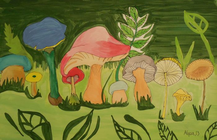 Art Studio PALETTE. Alyssa Lukose Picture.  Tempera Plants Mushrooms 