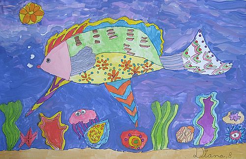 Art Studio PALETTE. Diana Pavel Picture. Fine Art Paper Tempera Animals Fish 